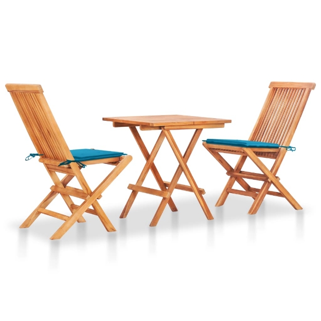 Set da Bistrot 3 pz con Cuscini Blu in Legno Massello di Teak