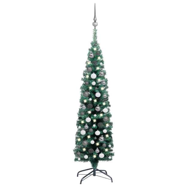 Set Albero di Natale Sottile con Luci LED e Palline Verde 150cm