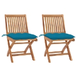 Sedie da Giardino 2 pz con Cuscini Azzurro in Massello di Teak