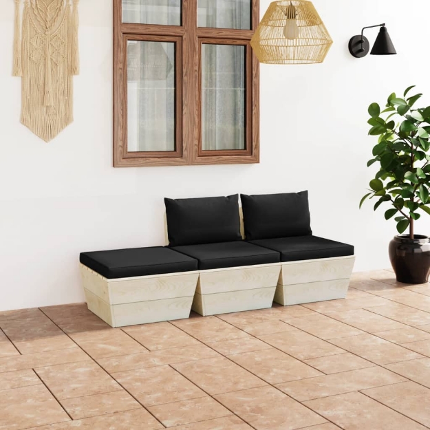 Set Divani da Giardino su Pallet 3 pz con Cuscini Legno Abete