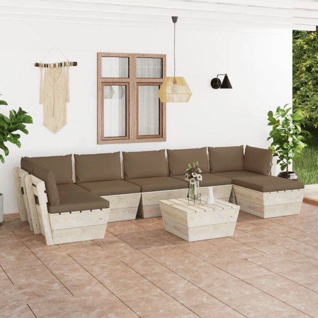 Set Divani da Giardino su Pallet 8 pz con Cuscini Legno Abete