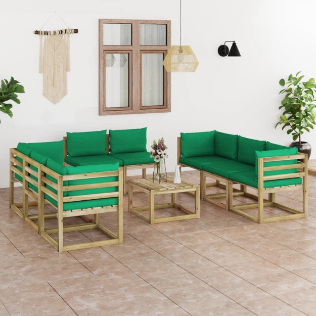 Set Divani da Giardino 9pz con Cuscini Legno di Pino Impregnato