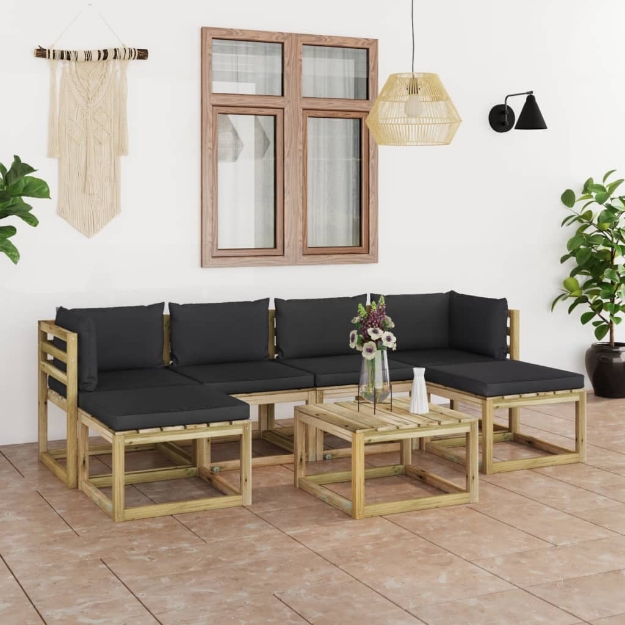 Set Divani da Giardino 7pz con Cuscini Legno di Pino Impregnato