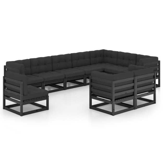 Set Divani da Giardino 10 pz con Cuscini in Pino Massello Nero