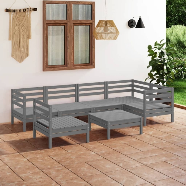 Set Divani da Giardino 7 pz in Legno Massello di Pino Grigio