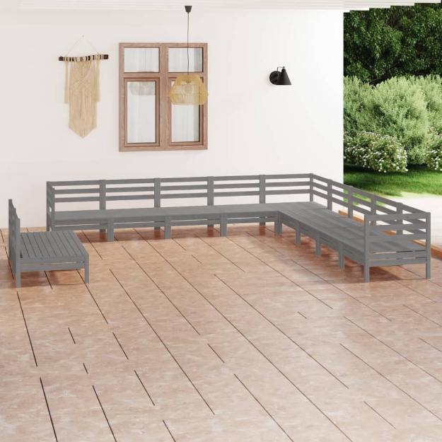 Set Divani da Giardino 11 pz in Legno Massello di Pino Grigio