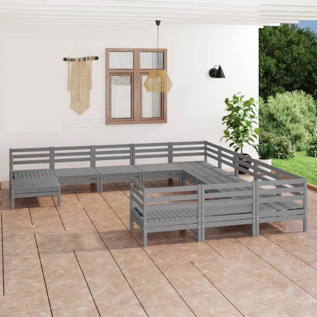 Set Divani da Giardino 12 pz Grigio in Legno Massello di Pino