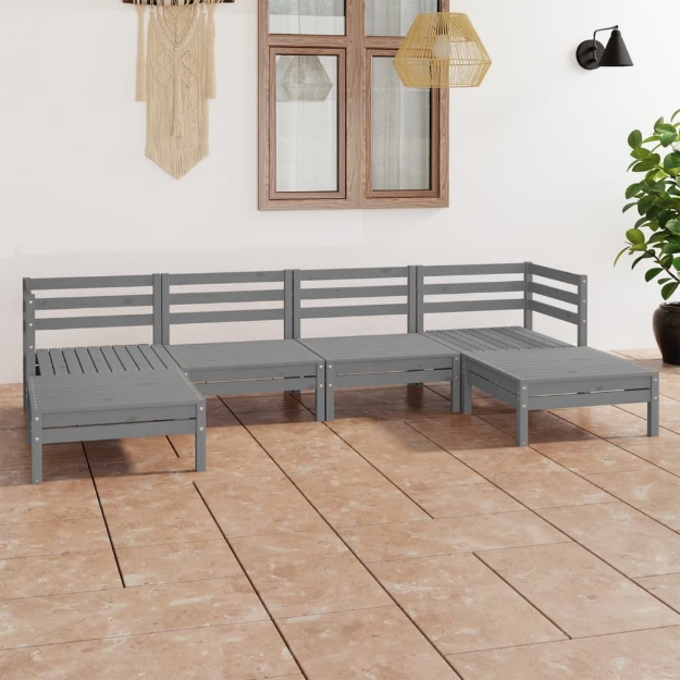 Set Divani da Giardino 6 pz Grigio in Legno Massello di Pino