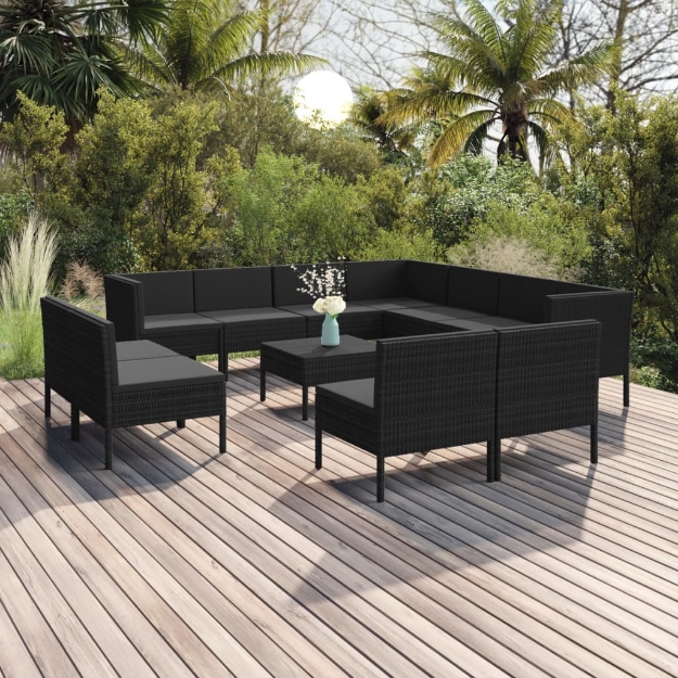 Set Divani da Giardino 12 pz con Cuscini in Polyrattan Nero