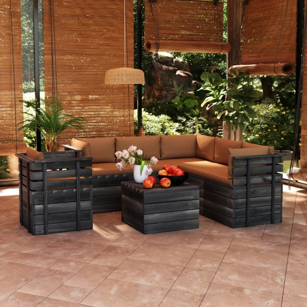 Set Divani da Giardino su Pallet 7 pz con Cuscini Massello Pino