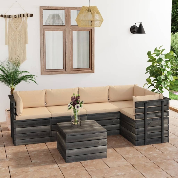 Set Divani da Giardino su Pallet 6 pz con Cuscini Massello Pino