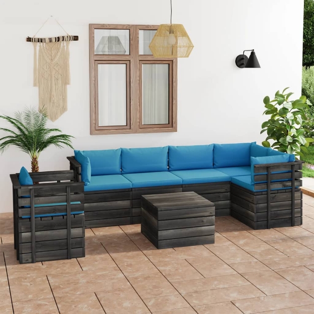 Set Divani da Giardino su Pallet 7 pz con Cuscini Massello Pino