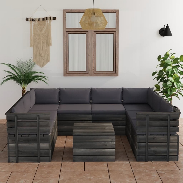 Set Divani da Giardino su Pallet 9 pz con Cuscini Massello Pino