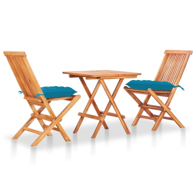 Set da Bistrot 3 pz con Cuscini Azzurri Legno Massello di Teak