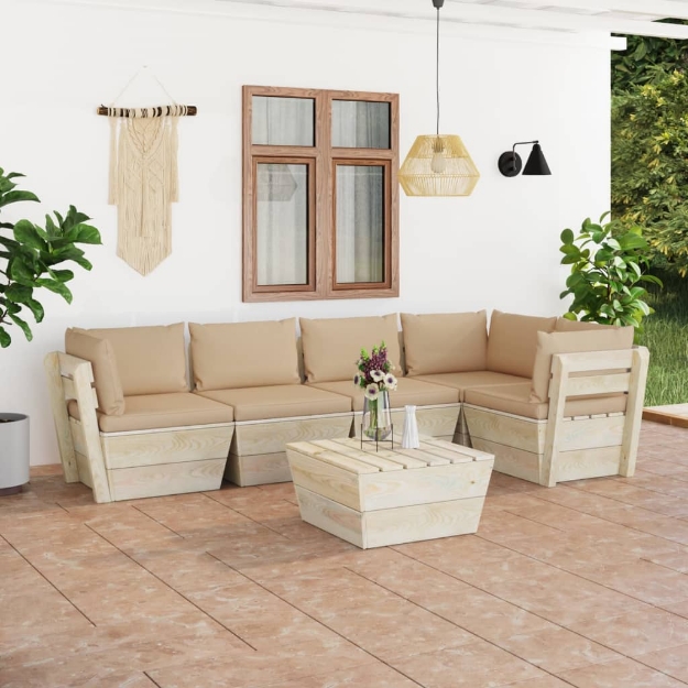 Set Divani da Giardino su Pallet 6 pz con Cuscini Legno Abete