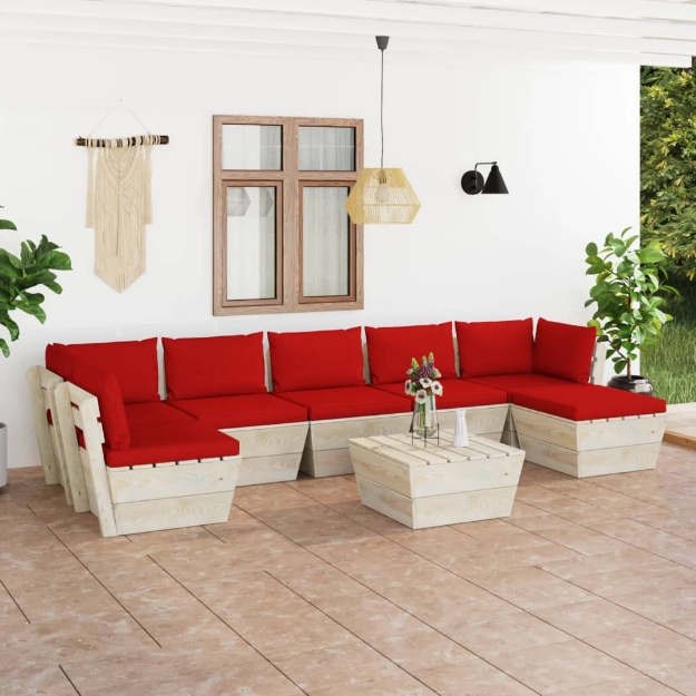 Set Divani da Giardino su Pallet 8 pz con Cuscini Legno Abete