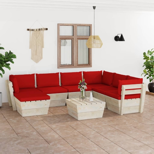 Set Divani da Giardino su Pallet 8 pz con Cuscini Legno Abete