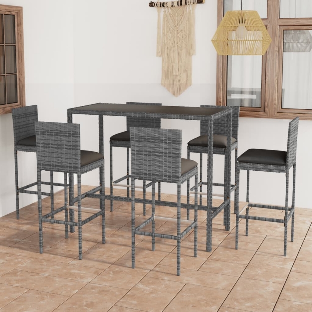 Set da Bar da Giardino 7 pz con Cuscini in Polyrattan Grigio