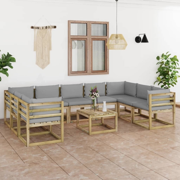 Set Divani da Giardino 10 pz e Cuscini Legno di Pino Impregnato