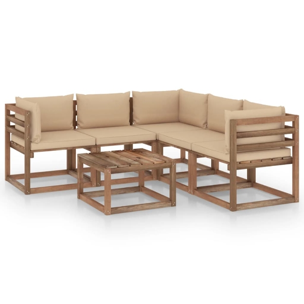 Set Divani da Giardino 6 pz Cuscini Beige in Legno di Pino