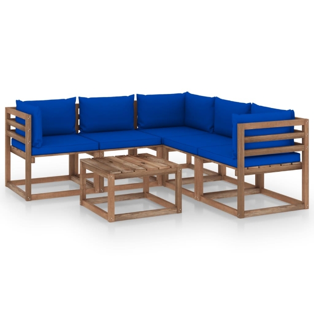 Set Divani da Giardino 6 pz Cuscini Blu in Legno di Pino