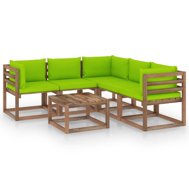 Set Divani da Giardino 6 pz Cuscini Verde Brillante Legno Pino