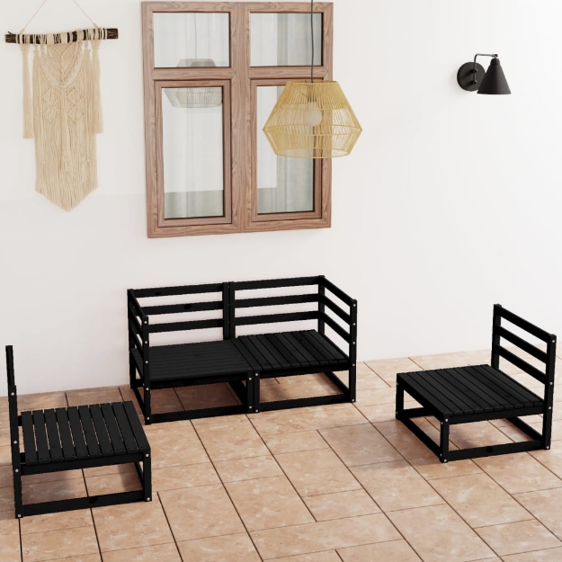 Set Divani da Giardino 4 pz Nero in Legno Massello di Pino