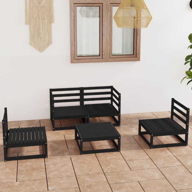 Set Divani da Giardino 5 pz Nero in Legno Massello di Pino