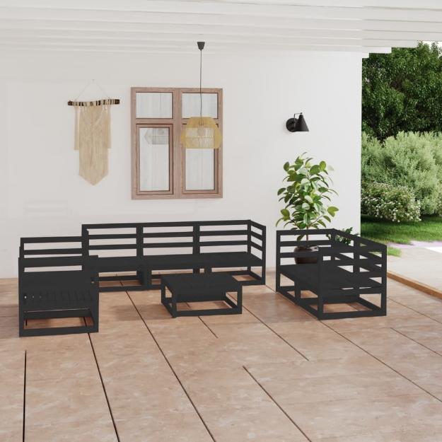 Set Divani da Giardino 8 pz Nero in Legno Massello di Pino