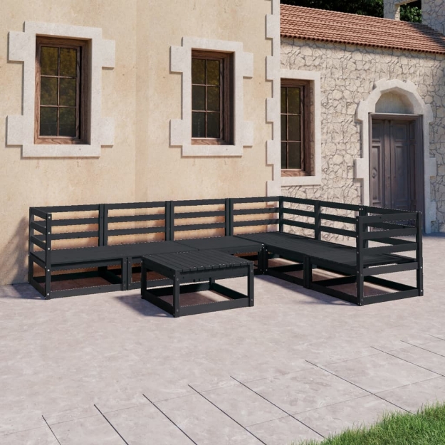 Set Divani da Giardino 7 pz Nero in Legno Massello di Pino