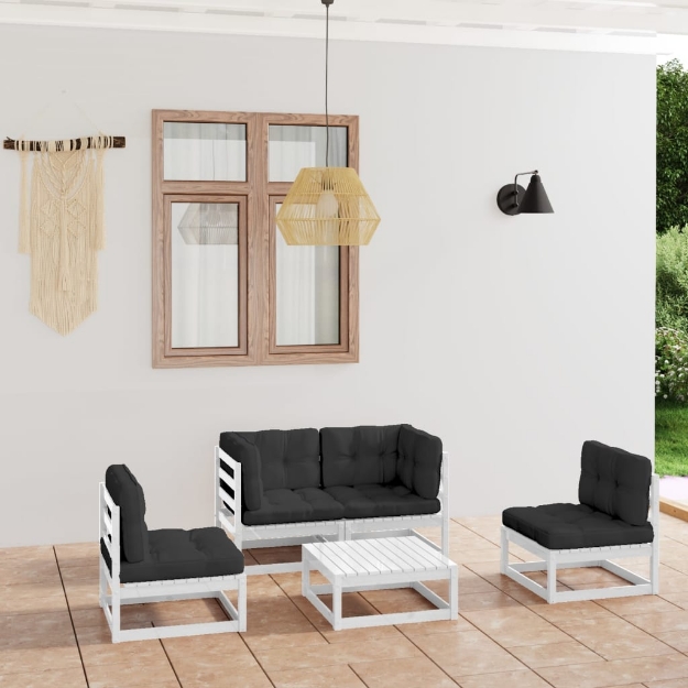 Set Divani da Giardino 5 pz con Cuscini Legno Massello di Pino