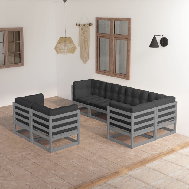 Set Divani da Giardino 7 pz Grigio Cuscini Massello di Pino