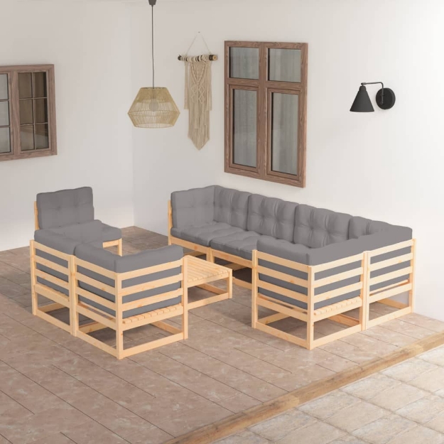 Set Divani da Giardino 9 pz con Cuscini Legno Massello di Pino