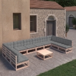 Set Divani da Giardino 11 pz con Cuscini Legno Massello di Pino