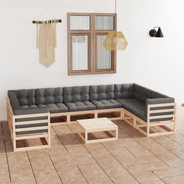 Set Divani da Giardino 10 pz con Cuscini Legno Massello di Pino