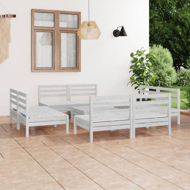 Set Divani da Giardino 9 pz Bianco in Legno Massello di Pino