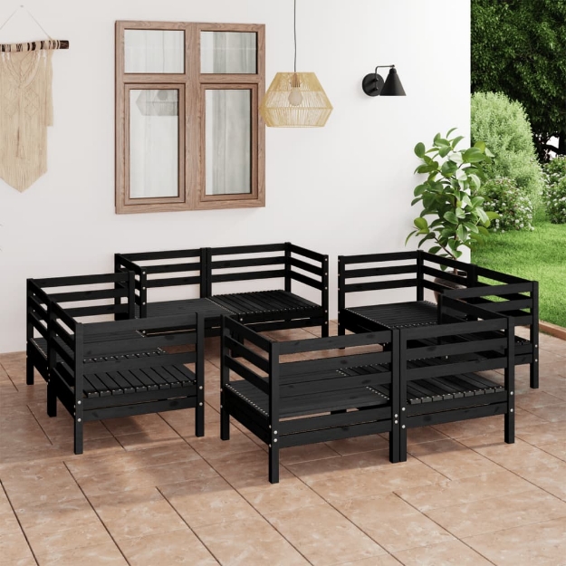 Set Divani da Giardino 8 pz Nero in Legno Massello di Pino