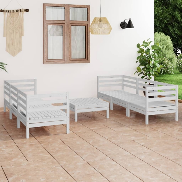 Set Divani da Giardino 7 pz Bianco in Legno Massello di Pino