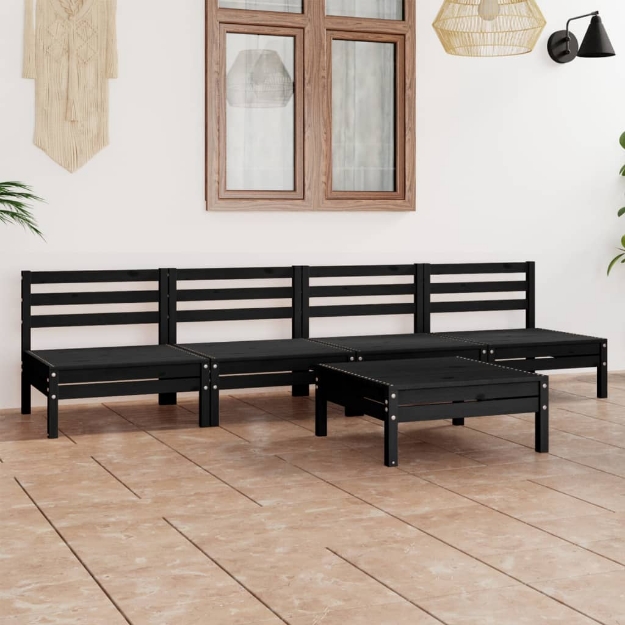 Set Divani da Giardino 5 pz Nero in Legno Massello di Pino