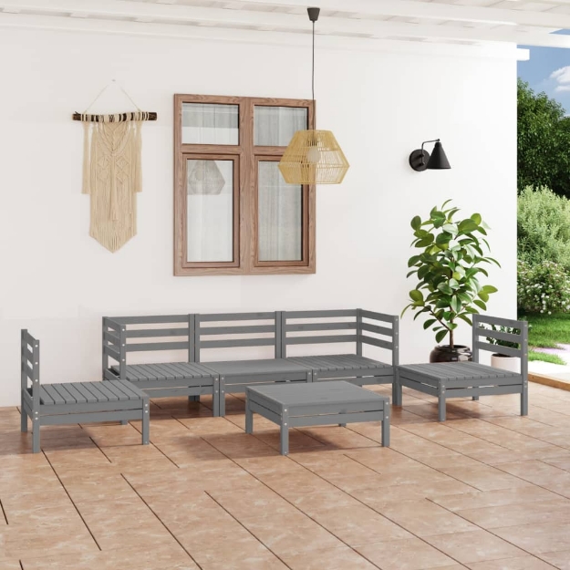 Set Divani da Giardino 6 pz Grigio in Legno Massello di Pino