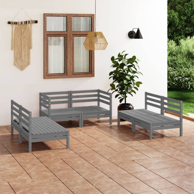 Set Divani da Giardino 6 pz Grigio in Legno Massello di Pino