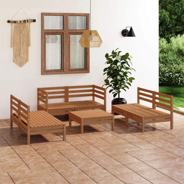 Set Divani da Giardino 7 pz Miele in Legno Massello di Pino