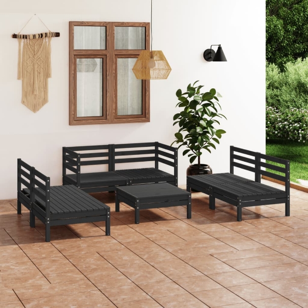 Set Divani da Giardino 7 pz Nero in Legno Massello di Pino