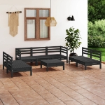 Set Divani da Giardino 8 pz Nero in Legno Massello di Pino