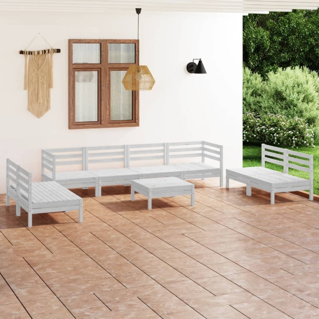 Set Divani da Giardino 9 pz Bianco in Legno Massello di Pino