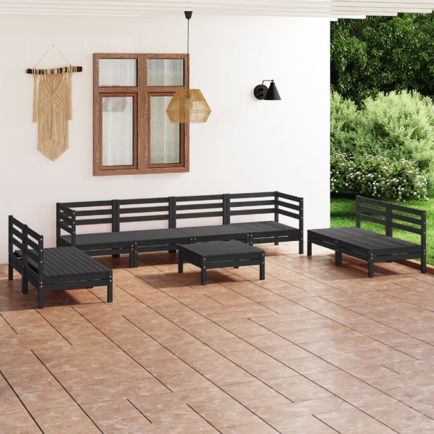 Set Divani da Giardino 9 pz Nero in Legno Massello di Pino