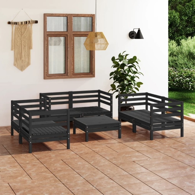 Set Divani da Giardino 7 pz Nero in Legno Massello di Pino