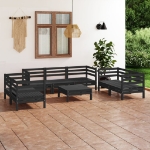 Set Divani da Giardino 8 pz Nero in Legno Massello di Pino