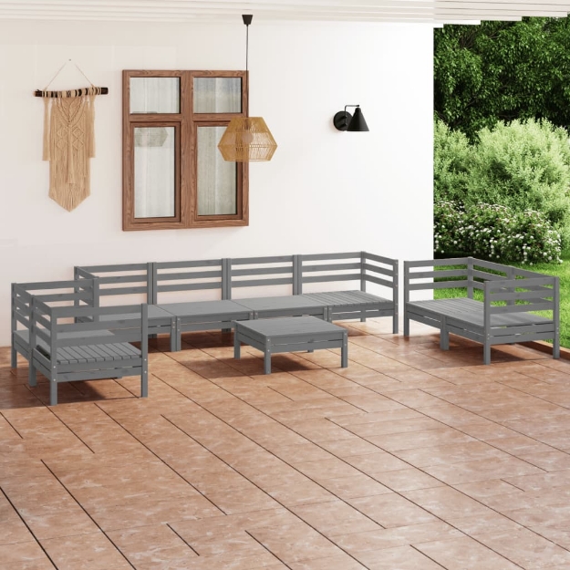 Set Divani da Giardino 9 pz Grigio in Legno Massello di Pino