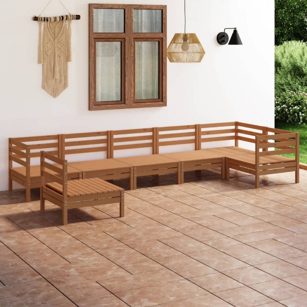 Set Divani da Giardino 7 pz in Legno Massello di Pino Miele